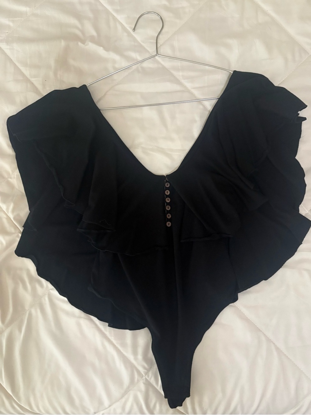 Women’s Black Ruffle V-Neck Bodysuit